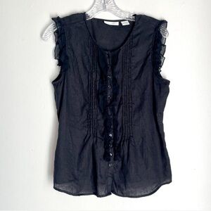 Tweeds Black Ruffle-Trim Sleeveless Linen Blouse